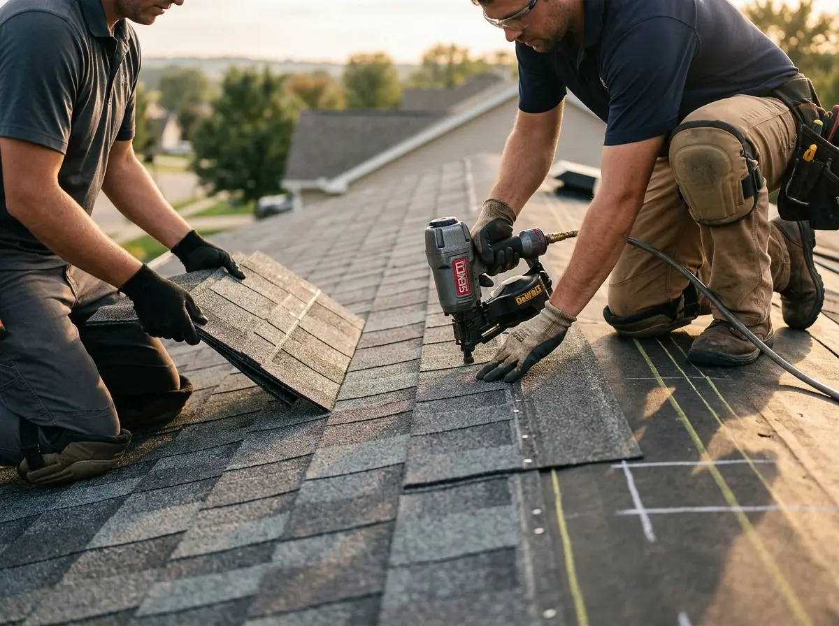 Professional roofer working on a residential roof in Lindstrom